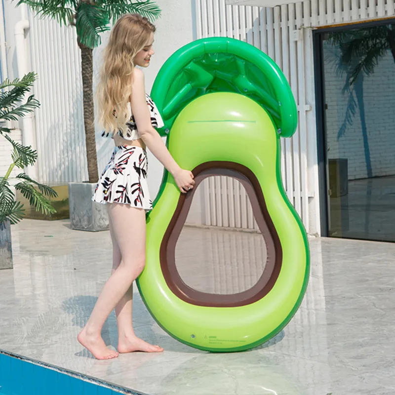 Children Cartoon Inflatable Avocado Floating Row Adult Water Inflatable Toy with Net Sunshade Lounge Chair Water Inflatable Bed