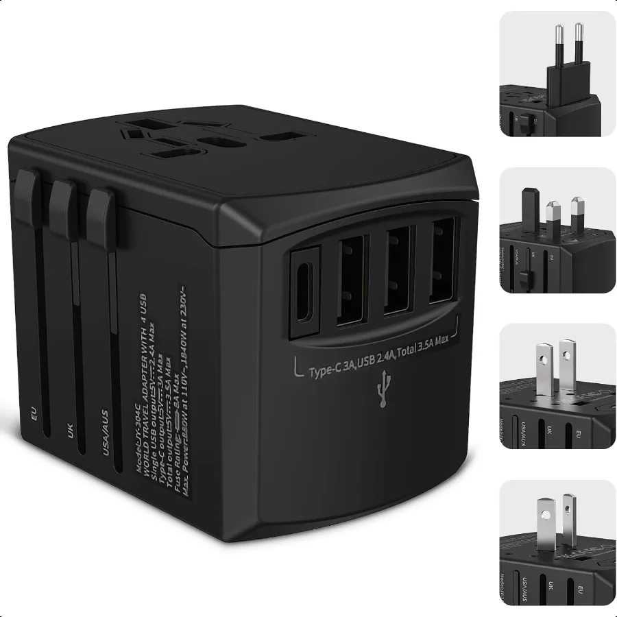 

Universal Travel Adapter International Power Plug Adapter with 3 USBA and 1 USBC Ports Worldwide Travel entials AC Outlet Conve