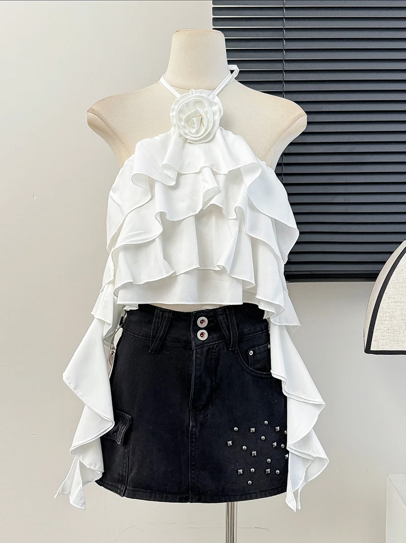 Chic Halter Tiered Ruffle Bandage Off Shoulder Camis Fashion Fairy Tank Top Women Summer Crop Top  Hotsweet Streetwear