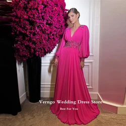 Verngo Vintage Fuschia Chiffon A Line Long Sleeves Evening Dresses V Neck Embroidery Beads Arabic Women Formal Prom Gowns Party