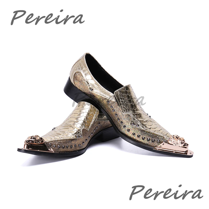 Men's Gold Snake Patterned Formal Shoes Summer Iron Pointed Toe Cowhide Casual Business Shoes Trendy Banquet Party Dress Shoes