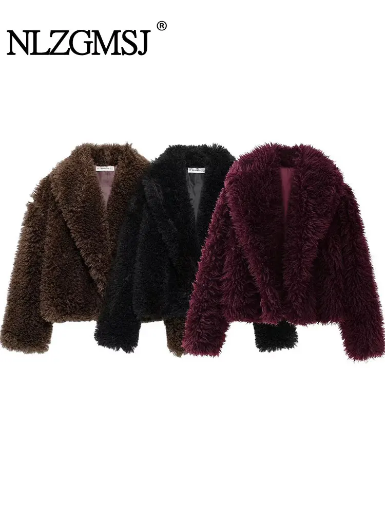 TRAF Winter Faux Fur Casual Jackets for Women Coats Thick Warm Soft Cropped Jakcets Vintage Long Sleeve Coat Outwears