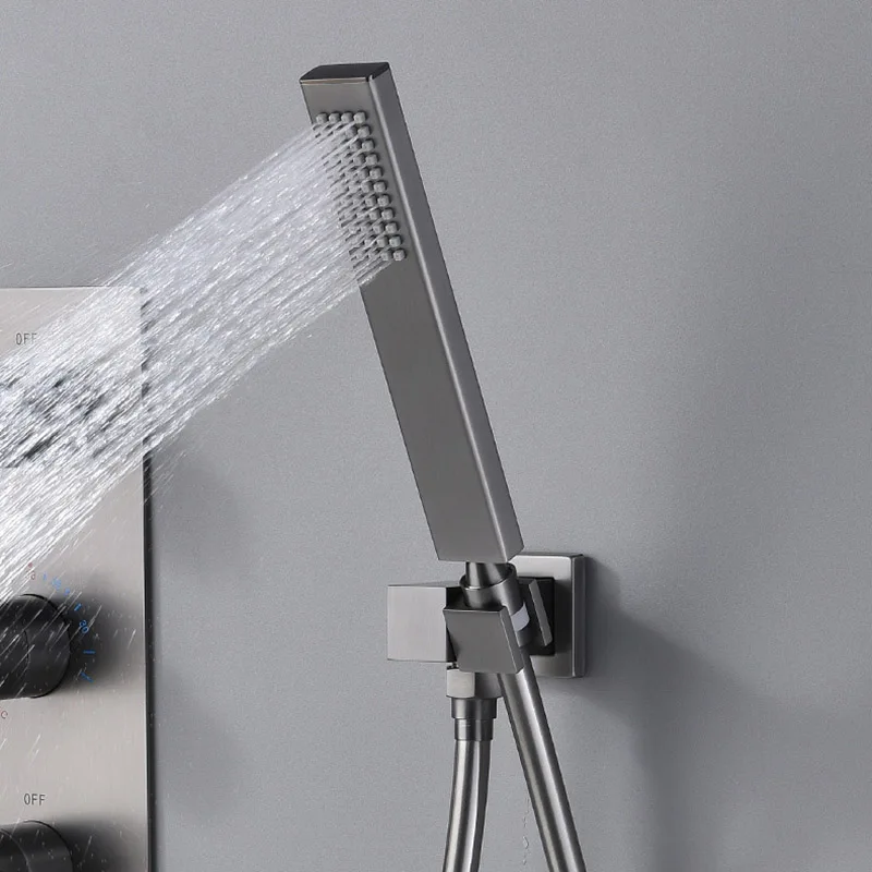 Cinza escovado 3-Function banheiro temperatura constante escondida torneira do chuveiro Set cachoeira torneira chuva teto chuveiro
