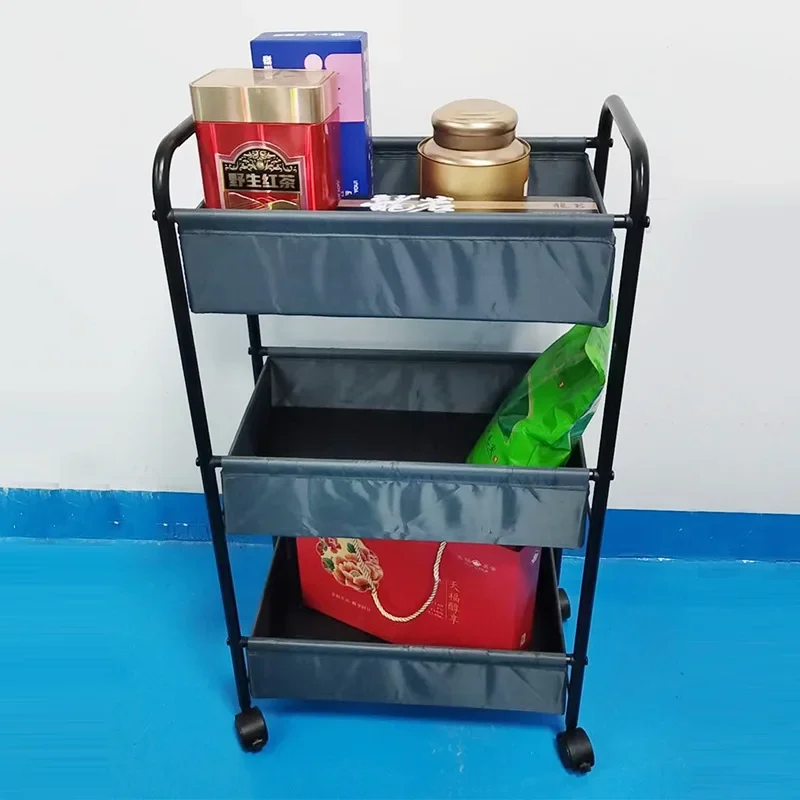 Oxford cloth iron pipe three-layer storage finishing rack household floor movable trolley large-capacity storage rack