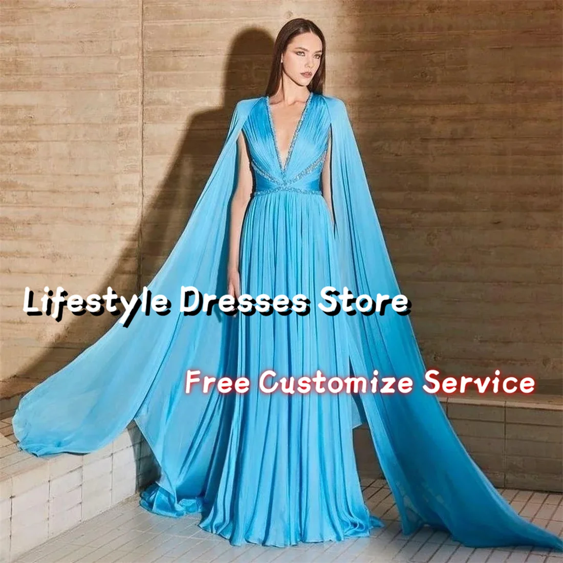 

V Neck Chiffon Evening Dress for Wedding Party Dresses Beaded Prom Dresses robe de soirée luxe élégante 2024 A-line Long Cape