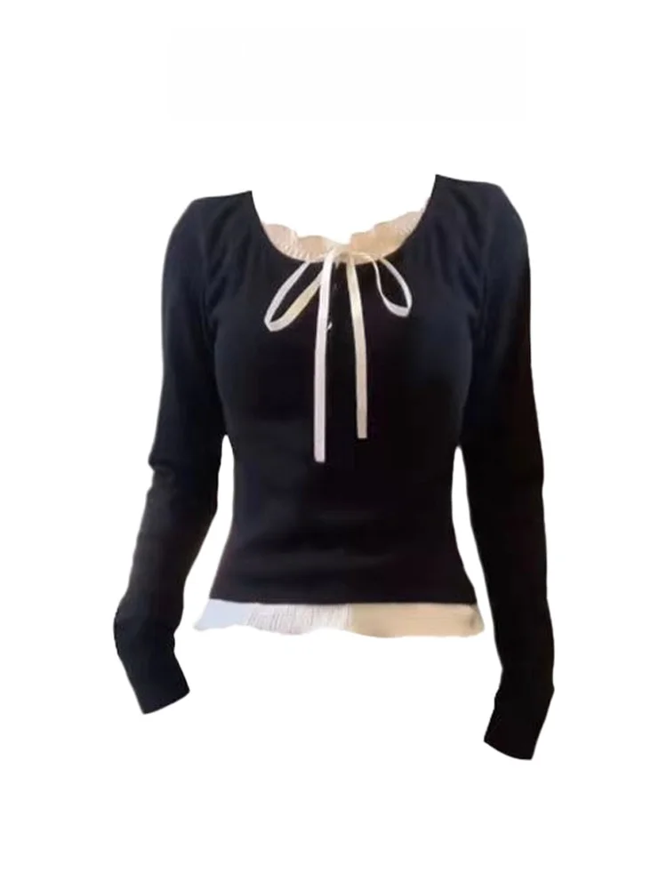 

Женская облегающая футболка с длинным рукавом, имитация двухслойности, с круглым вырезом, для весны и осени, для повседневной носки, внутренний слой.