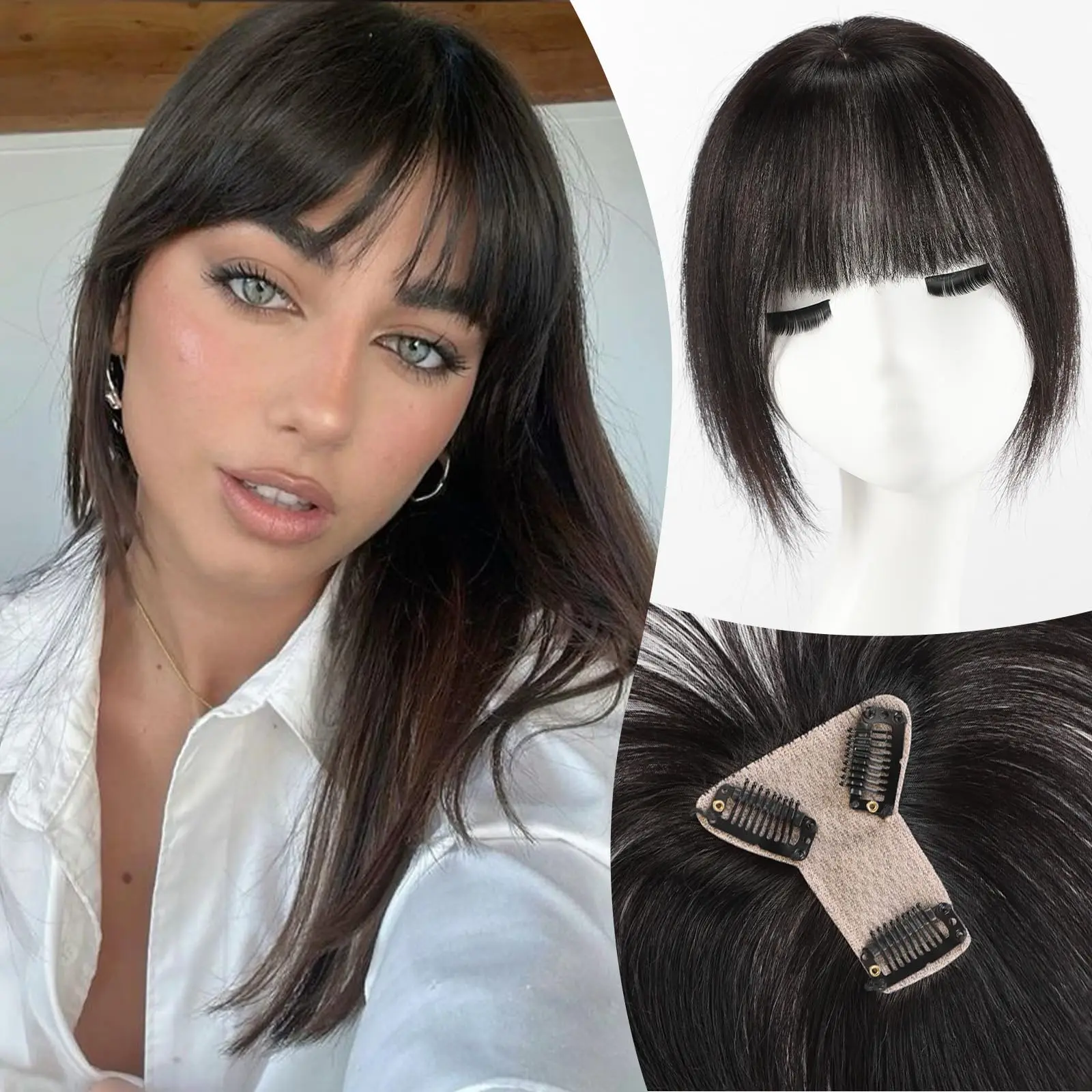 10 Inch Real Human Hair Toppers with Bangs for Women Hand Tied Lace Base Hairpieces Clip In Remy Hair Topper for Thinning Hair