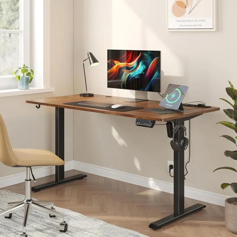 Height Adjustable Electric Standing Desk with USB and Type-C Sockets for Home Office,