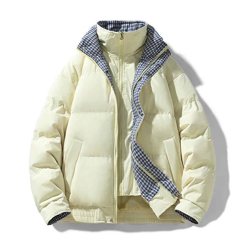 Winter  Retro Plaid Splicing Fake Two-piece Cotton-padded Coat, Cold-proof Couple with The Same Thickened Warm Bread Jacket