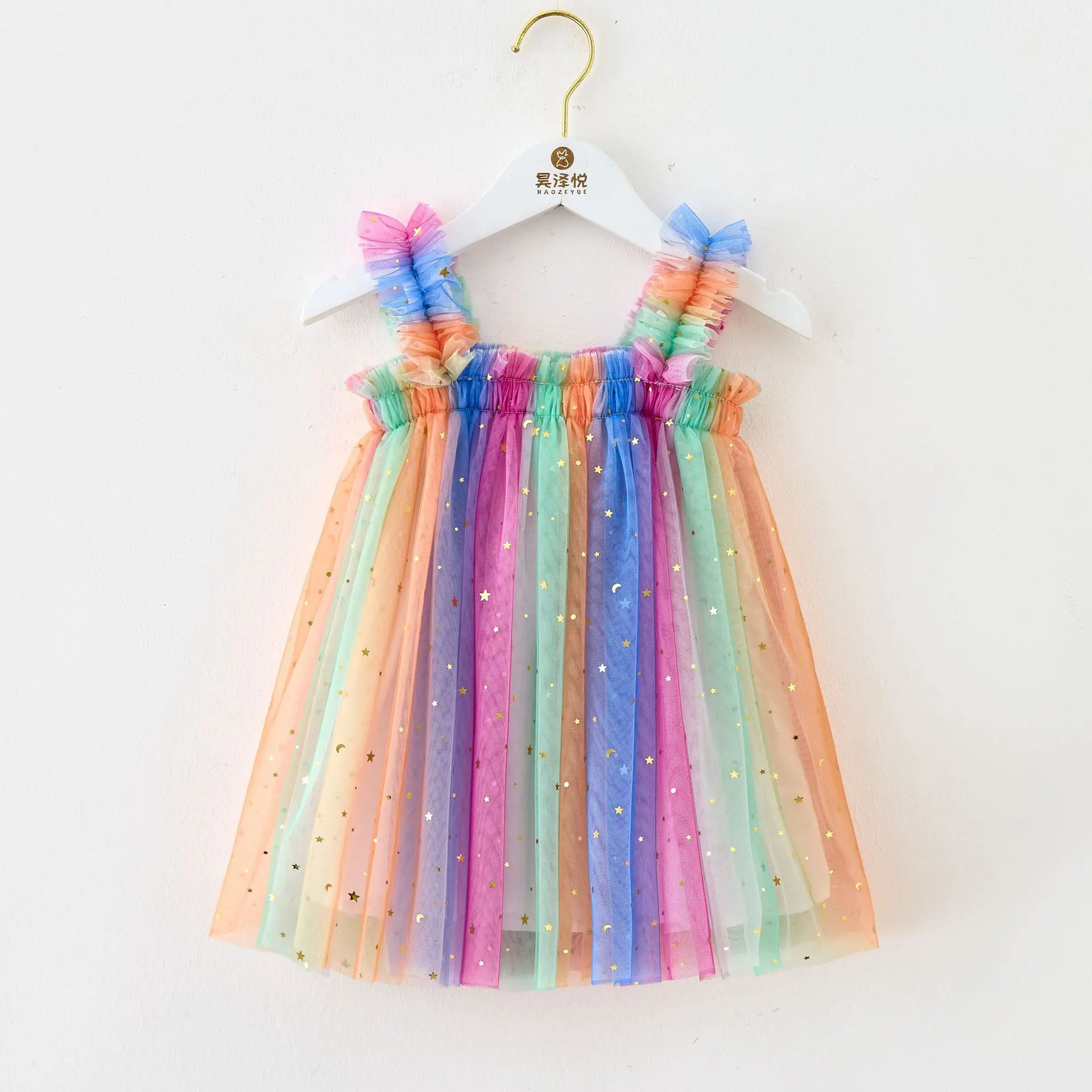 Toddler Sweet Baby Girl Clothes Fashion Summer Rainbow Gradient Stars Decoration Sling Girls Dress Cute Mesh Birthday Baby Dress