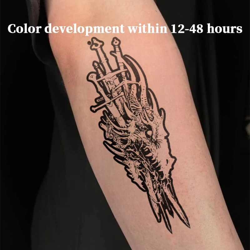 Fake Tattoo Dark Dragon Head Pierced By Swords Herbal Juice Sticker Temporary Tattoos Cheap Goods Toys for the Best Adolescents