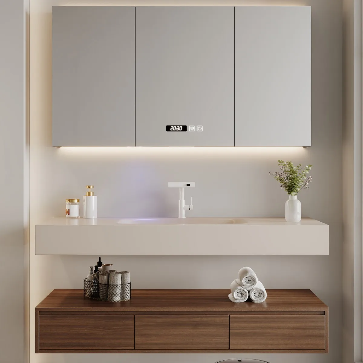 

Тумба для ванной комнаты из орехового дерева с двойным слоем, интегрированной раковиной, изготовленной методом горячей гибки, и умывальником для рук и лица.