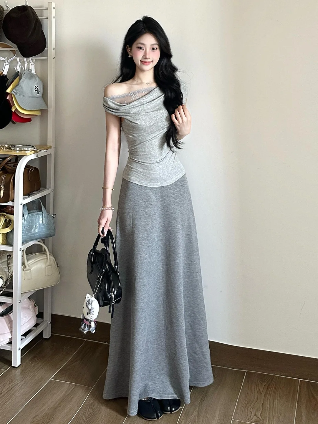 

Korean Style Lace Short Sleeve Asymmetrical Collar Two-Piece Set Grey Off-Shoulder Draping Long Skirt for Women Summer New Ar...