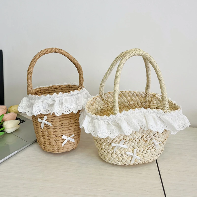 Lace Straw Children's Beach Purse Handbags Sweet Bowknot Baby Girls Shoulder Bags Cute Woven Kids Summer Tote Travel Basket Bag