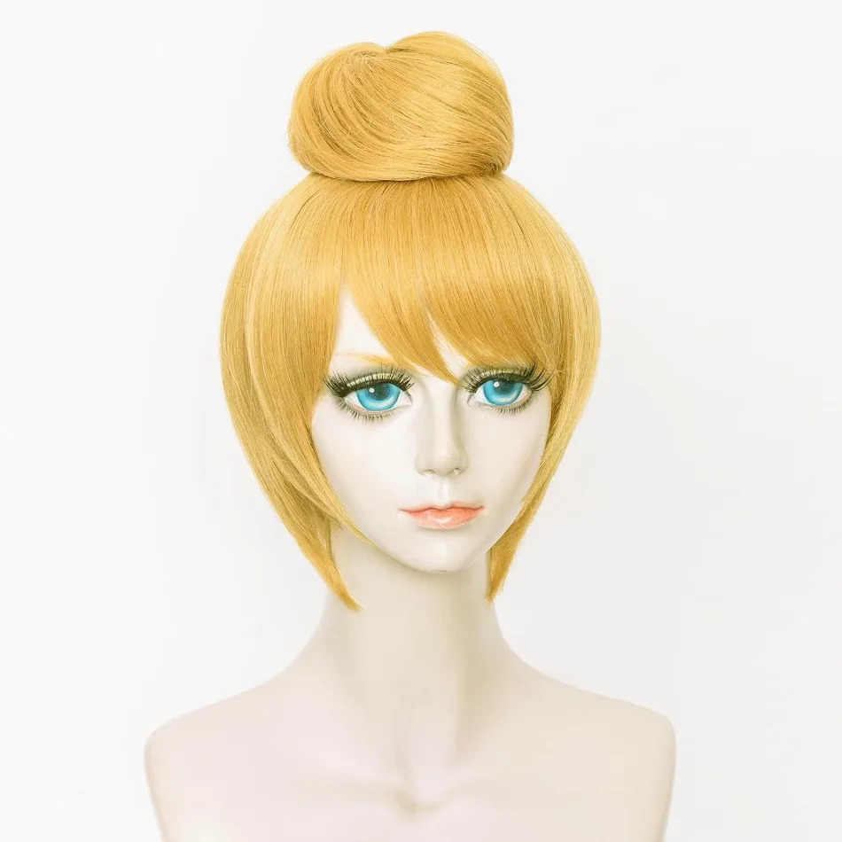 Princess Tinker Bell Wig Tinkerbell Cosplay Wigs Short Blonde Hair with Bun Heat Resistant Synthetic Hair Halloween Costume Wigs