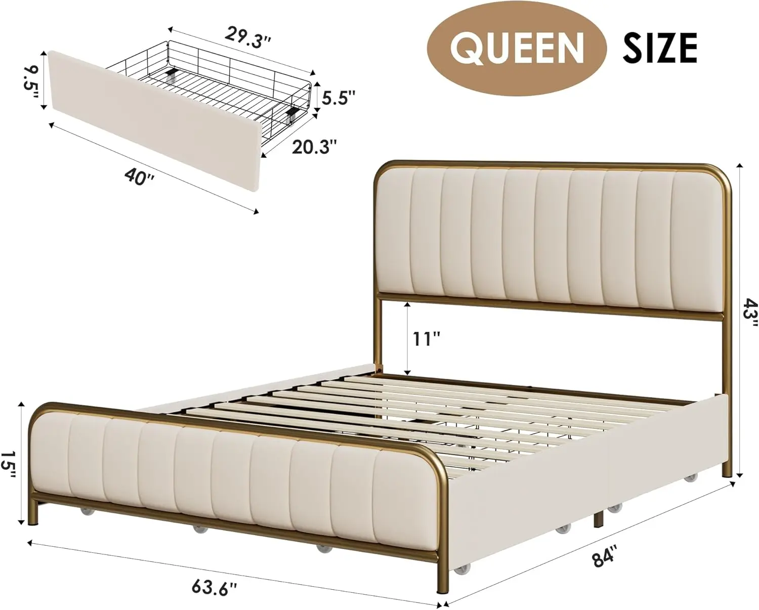 Upholstered Queen Size Bed Frame with 4 Storage Drawers and Headboard, Heavy Duty Metal Mattress Foundation with Wooden Slats