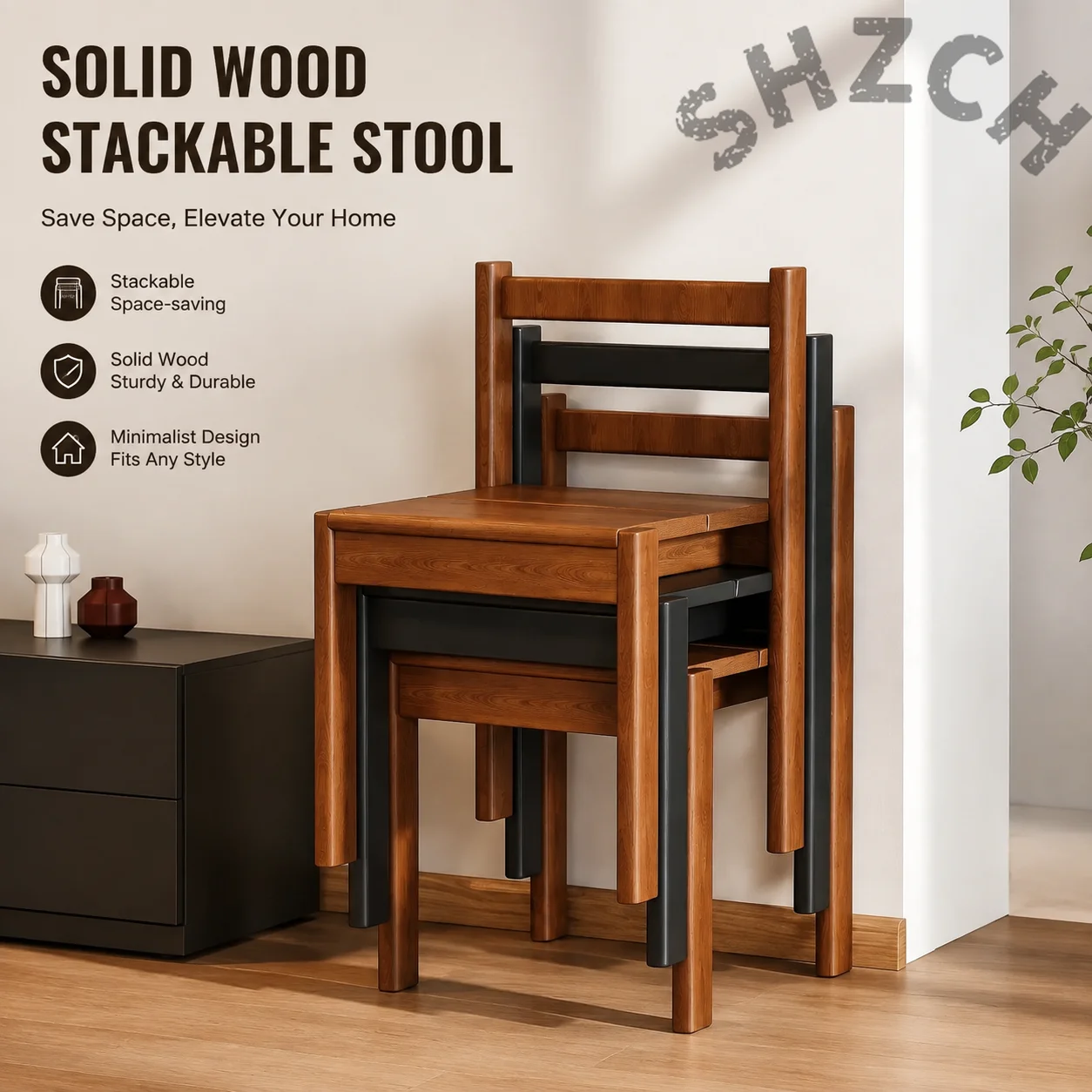 Nordic-Style Solid Wood Dining Chair – Stackable, Ergonomic Backrest for Living Room, Bedroom, or Study