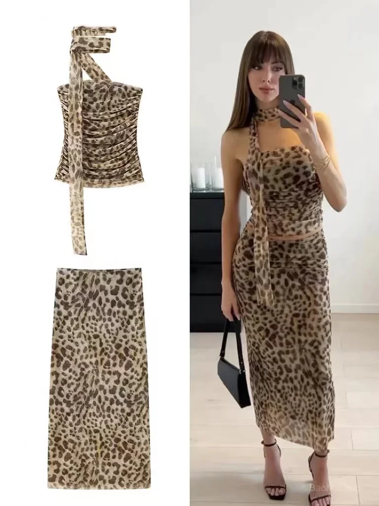 2024 Leopard Print Tub Top Long Skirt Suit Women Sleeveless Fold Tops Hip Package Ankle-length Skirts Summer New 2 Piece Sets