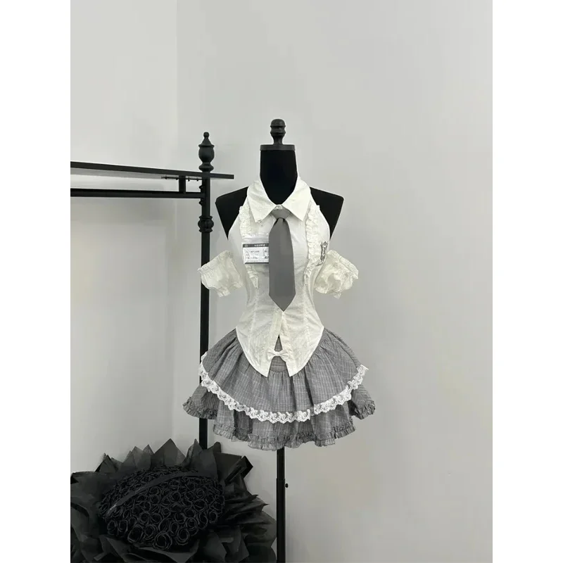 

Summer Japanese Sweet Preppy Style Skirt Suits Women Slim Hot Girls Y2k Crop Tops High Waist Elastic Mini Skirt 2 Piece Set