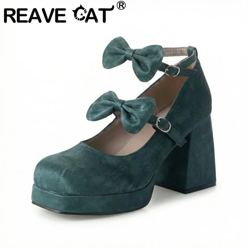 

REAVE CAT Beige Women Pumps Flock Suede Square Toe 9.5cm Block Heel 1.5cm Platform Double Buckle Strap Bowknot Big Size 46 47 48