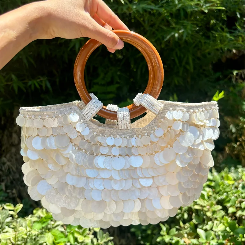 

Роскошная сумка-ракушка ручной работы, соломенная тканая сумка, сумка-ведро с вышивкой в виде ракушки, сумка-ведро с деревянной ручкой, вечерний клатч