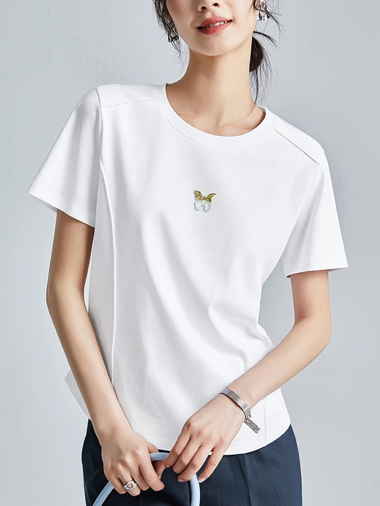 Liquid Ammonia Double-sided Mercerized Cotton Cool Feeling T-shirt White Short Sleeved Summer Round Neck Butterfly Top