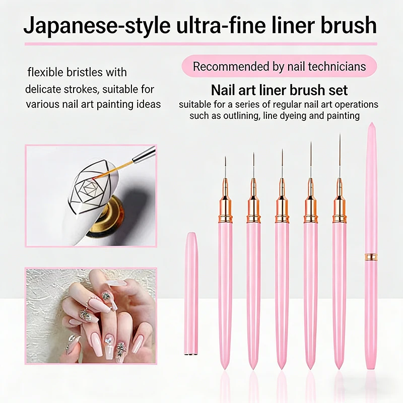 5Pcs Ultra-fine Nail Art Liner Brush Set Pink/Black Metal Handle Needle-tip for Line Dyeing Painting Flower Manicure Tools