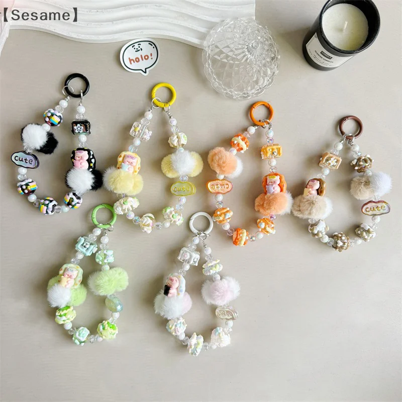 Plush Hairball Hand-painted Beads Phone Chain Plush Keychain Sweet Girl Anti-lost Wrist Strap Bracelet Earphone Case Charm