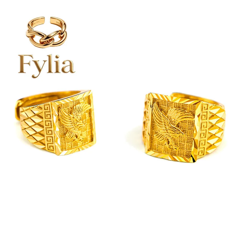 Fylia Jewelry   Pure Gold 9999 Attractive Men's Sand Finger Eagle 24K Real Gold Ring Opening Adjustment Ring for Big Pictures