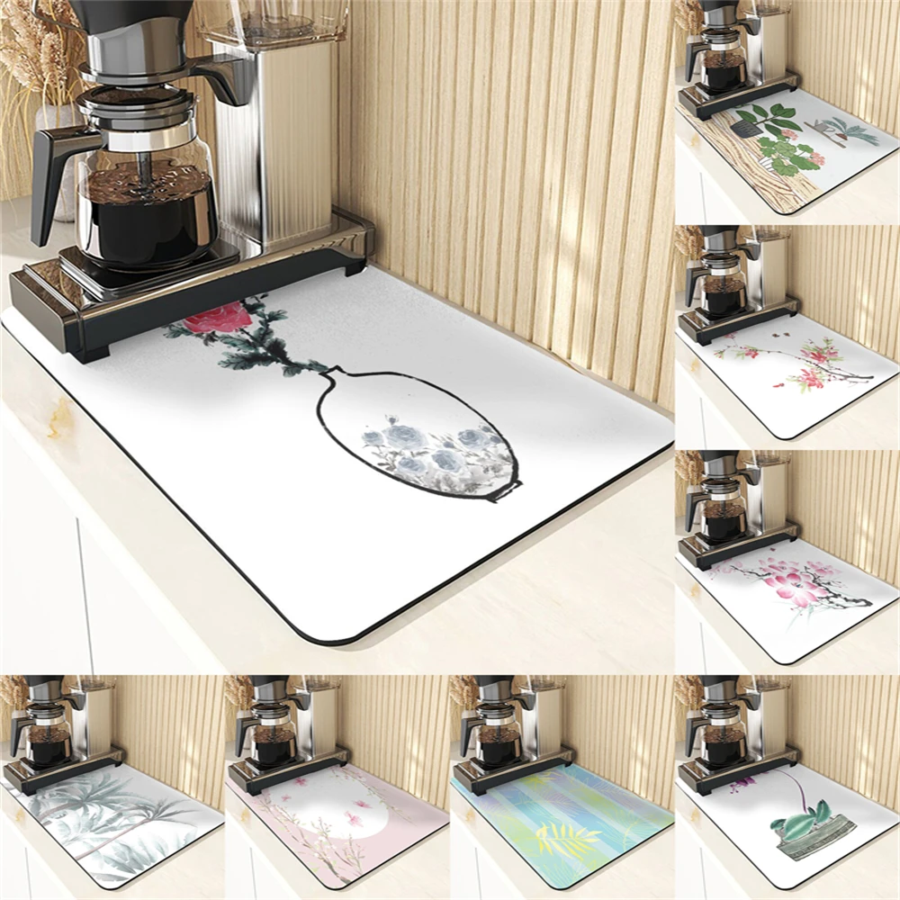 Simplicity Style Diatomaceous Earth Mat Table Silicone Dish Mat Plant Pattern Table Set Dishes Absorbent Drying Mats For Kitchen