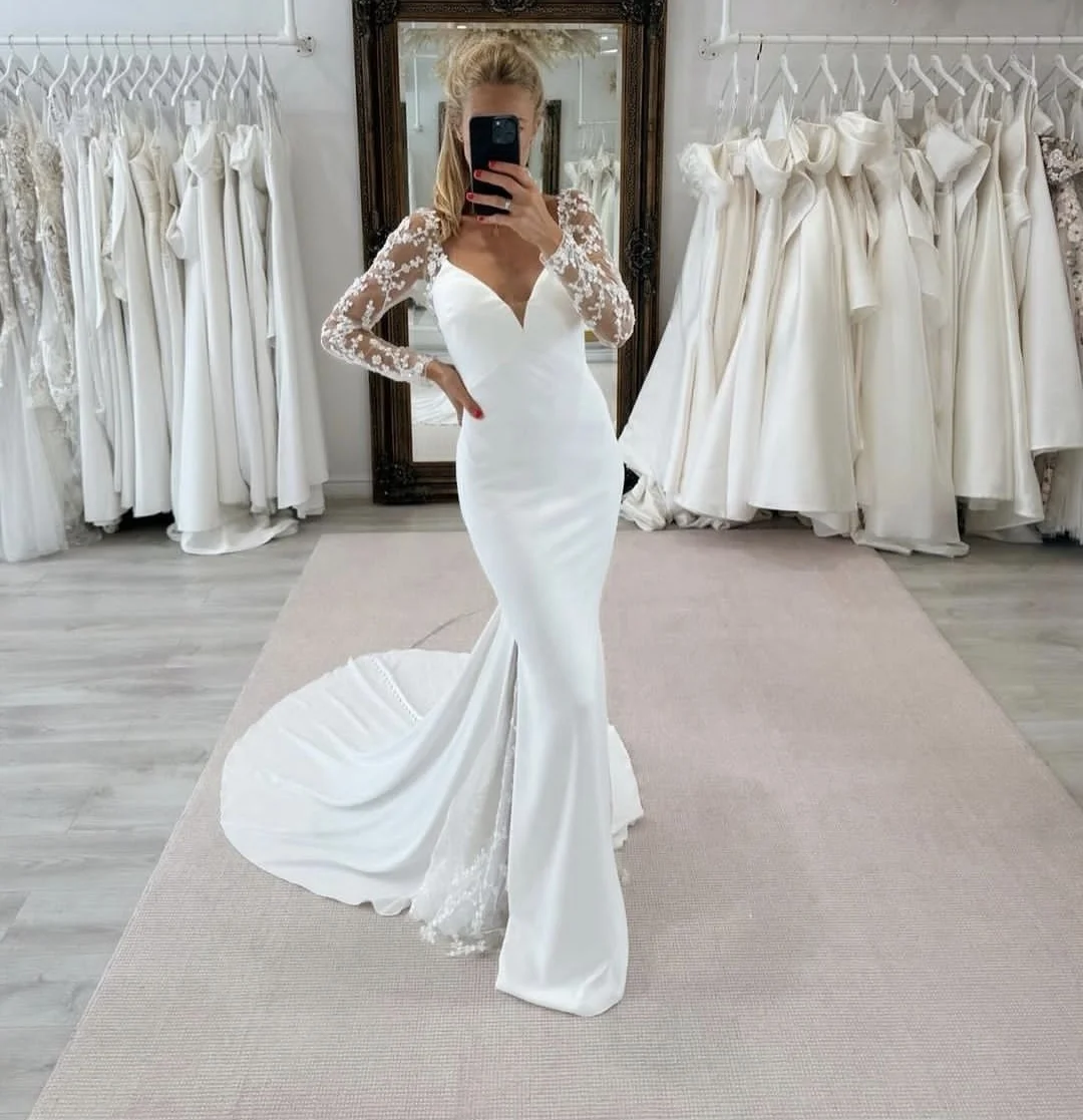 Personalizado para medidas vestidos de casamento sexy para mulheres sereia manga longa aberta para mulheres rendas apliques civil robe marie