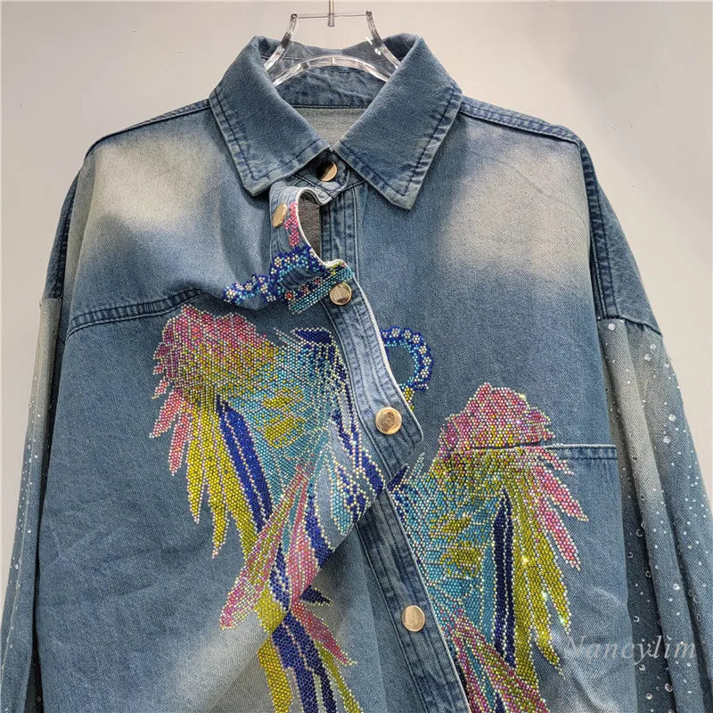 Fashion Light Luxury Heavy Embroidery Hot Drilling Lapel Loose Long Sleeve Casual Denim Shirt for Women Gradient Jean Coat