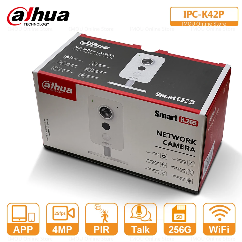 DAHUA Cube-Caméra IP QHD 4MP, Connexion Wi-Fi et Ethernet, Wild d\'alarme externe, Détection PIR, Audio bidirectionnel, Détection du son Vidéo 4MP