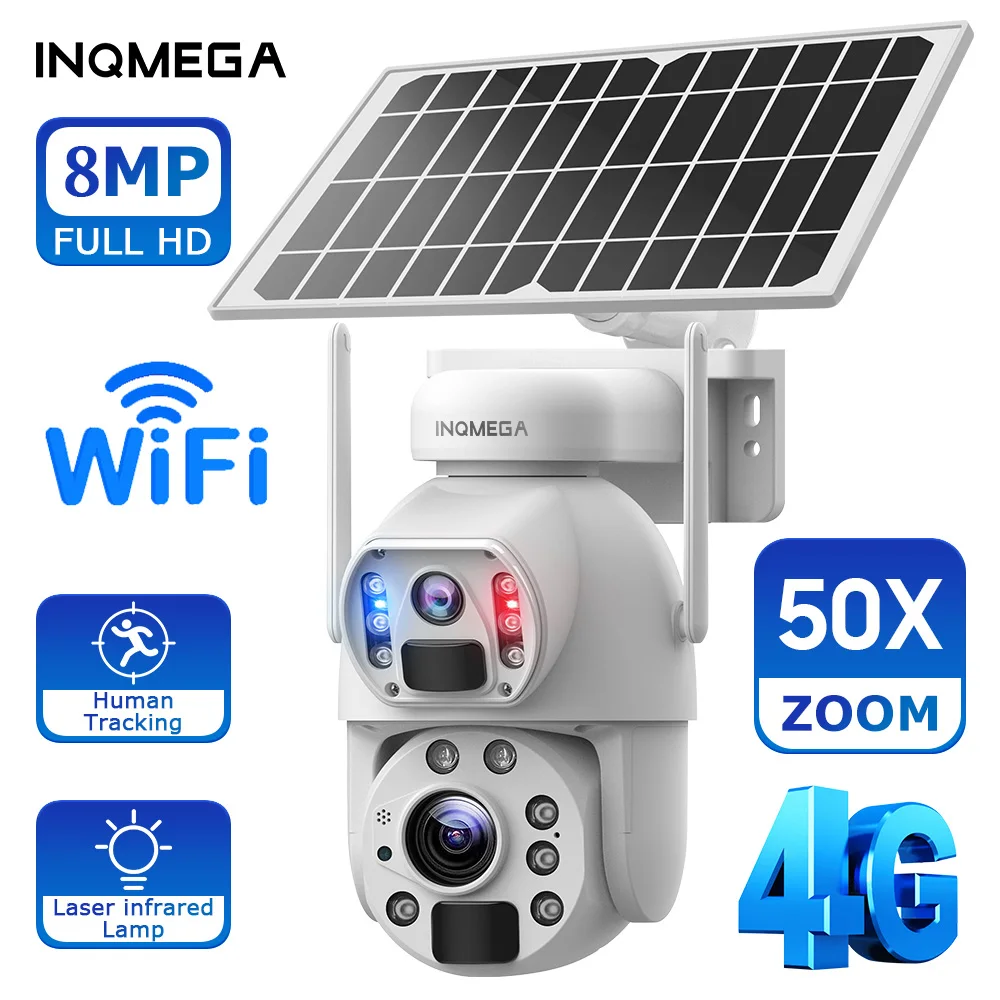 4K 8MP 50X Optical Zoom Security Solar Camera 4G Wireless Outdoor Surveillance WiFi PTZ Motion Detection Tracking Dual Screen