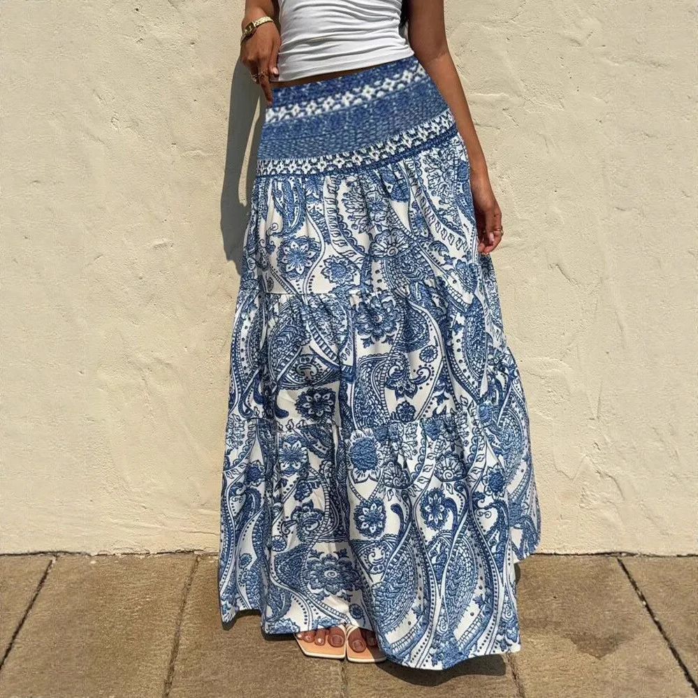 Women's Summer Skirt Casual Blue And White Long Skirt High Waist Tiered Maxi Skirt Paisley Print Boho Skirt Floral Pattern