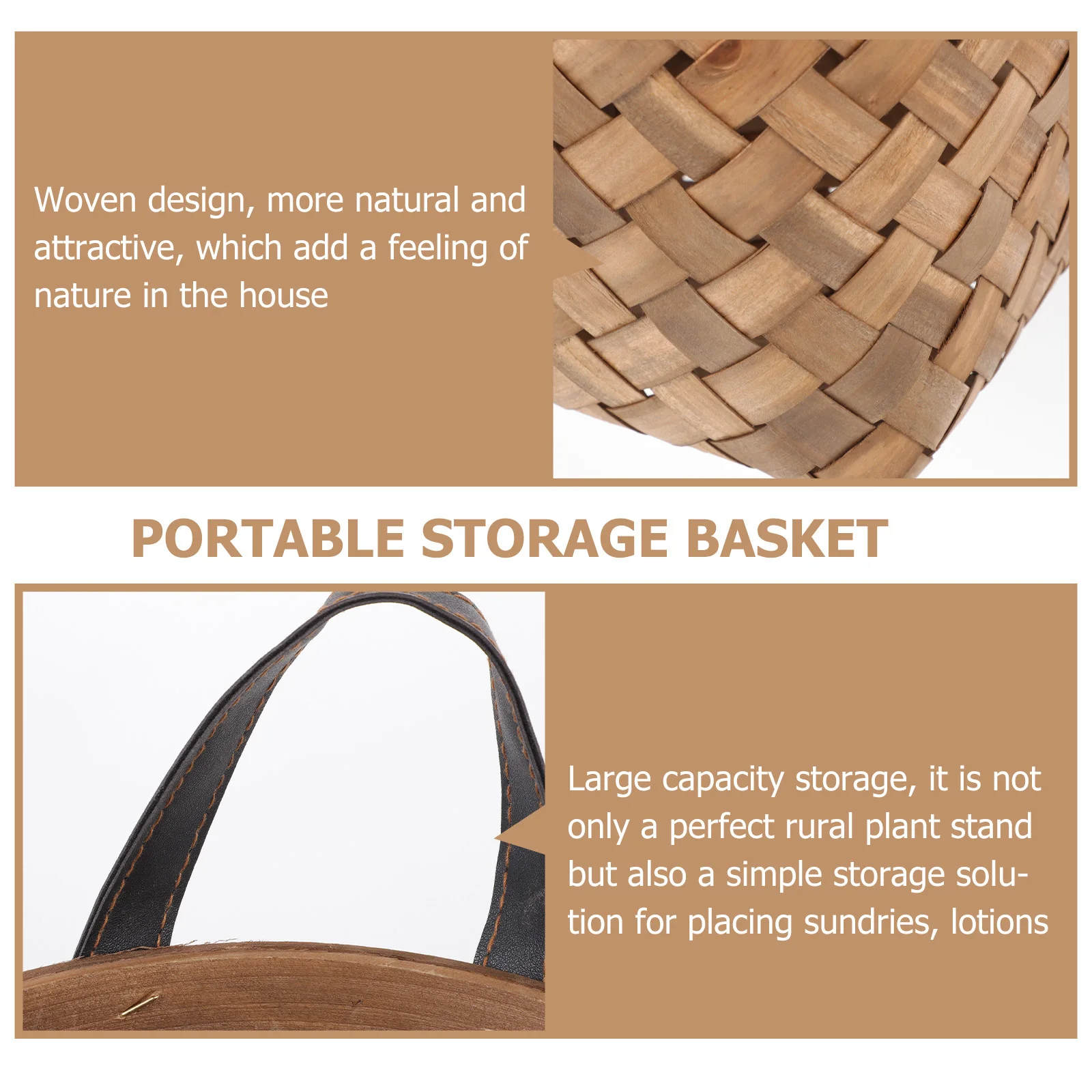 

1Pcs Brown Woven Storage Basket Large Capacity Handmade Natural Fiber Basket for Home Office Bedroom Decorative Use