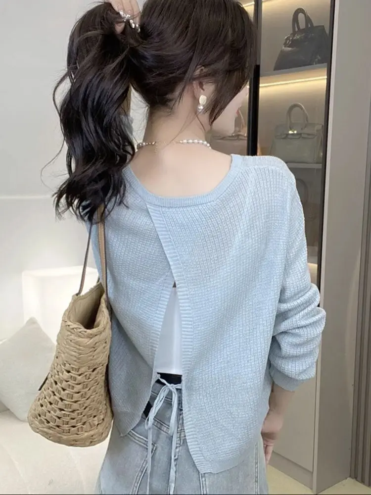 

Spring Thin Long Sve Knitted Cardigan Ma Hai Wool Transparent Design Ba Split Tie Top Women's Soft Flexible Faionable