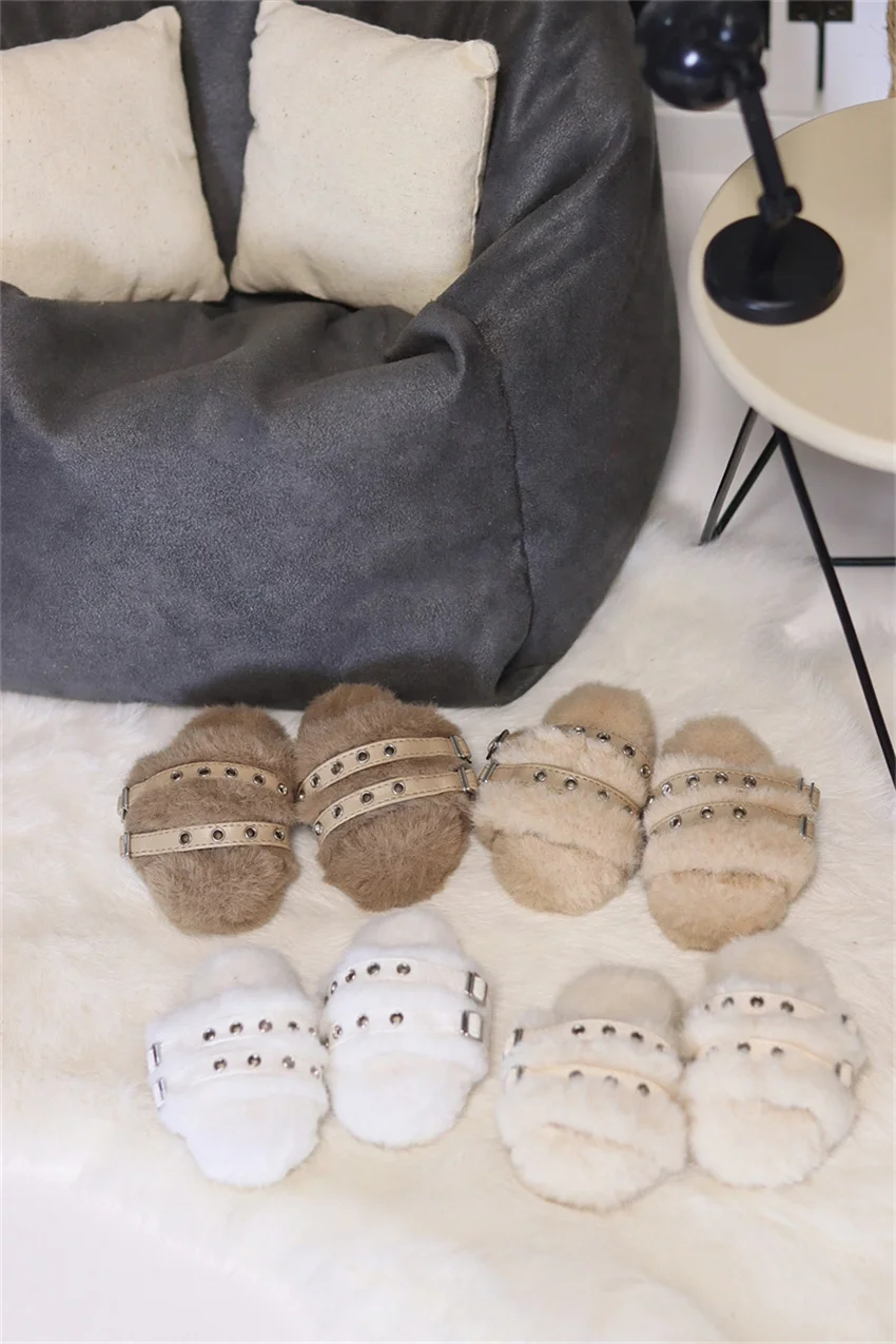 BJD toy shoes 1/3， 1/4, Bear sister riveted buckle with furry slippers bjd doll accessories