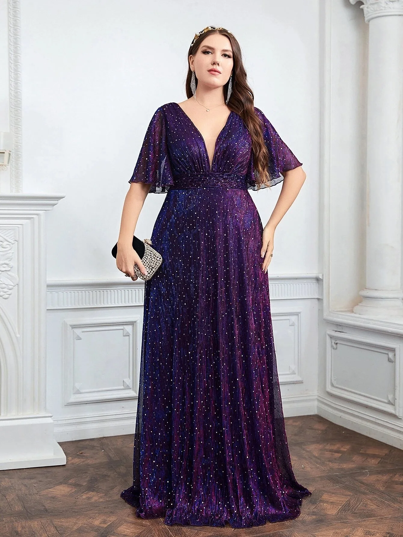 

Wedding Bridesmaid Dress For Female Fashion Plunging Neck Butterfly Sleeve Glitter Party Long A-line Fashion Causal Dresses