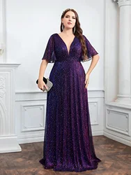 Wedding Bridesmaid Dress For Female Fashion Plunging Neck Butterfly Sleeve Glitter Party Long A-line Fashion Causal Dresses