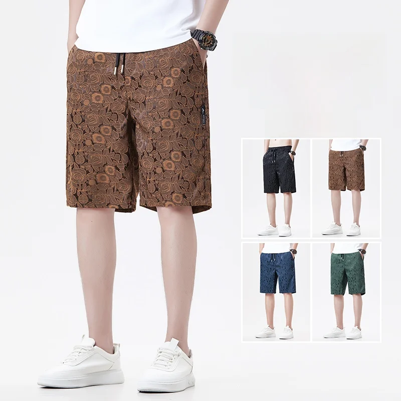 

Summer Ice Silk orts Men's Loose Floral Embroidery Thin Casual Sports Straight Leg Pants Teenager Large Size Comfortable Fit