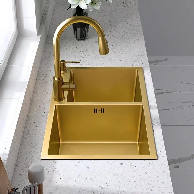 Gold Kitchen Sink Above Counter or Undermount double Bowl Golden Basket Drainer Soap Dispenser Washing Basin 304 Stainless Steel