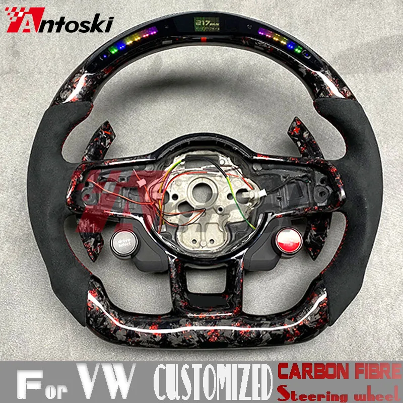 For VW Golf MK7 7.5 GTI R Polo, custom carbon fiber steering wheel with red sports style, one click start Alcantara LED