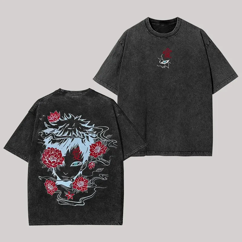 Naruto Gaara T-Shirt Spinnenlilie Blume Vintage Acid Wash Streetwear Übergroßes Retro Anime Grafik Herren T-Shirt Baumwollkleidung