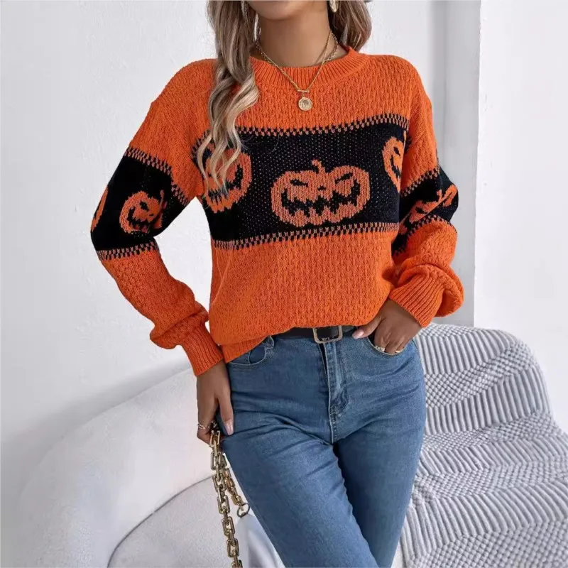 Women's Knitted Sweater Halloween Theme Pumpkin Contrasting Long Sleeved Pullover Sweater Loose Casual 2024 Autumn/winter New