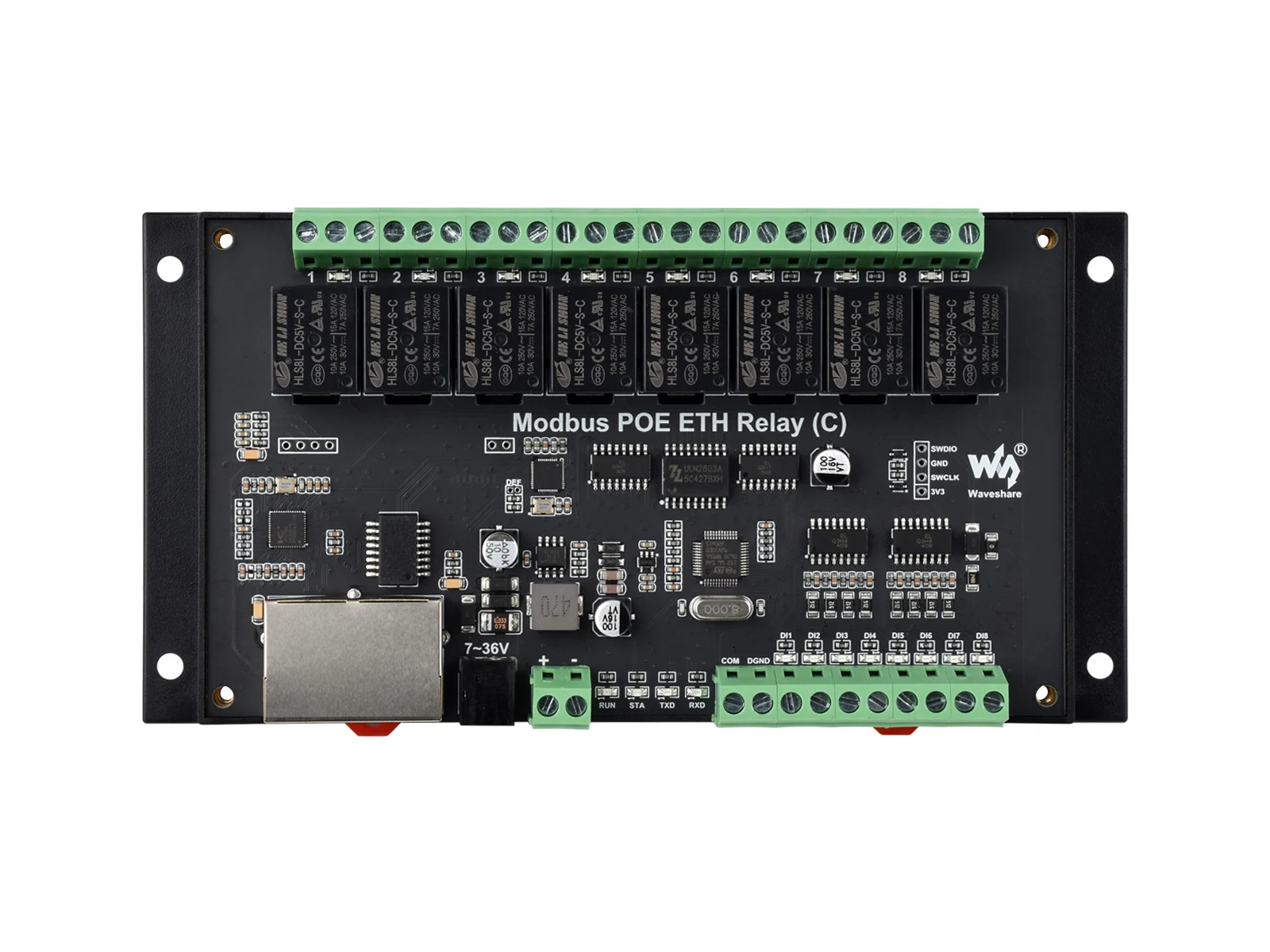 Waveshare Dual Ethernet Ports 8-ch Relay Module (C), Modbus RTU Protocol, PoE Power Supply, With Various Isolation