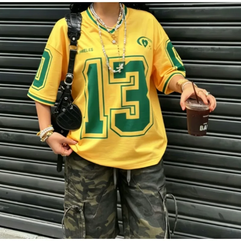 2026 New Product Los Angeles No.13 Printed Fashion Women's V-neck Short Sleeved T-shirt Summer T-shirt Daily Extra Large Sports