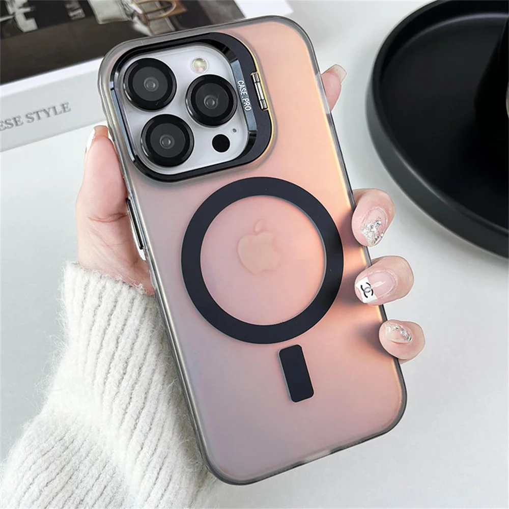 Magsafe Magnetic Lens Protection Stand Phone Case For IPhone 16 15 12 13 14 11 Pro Max Matte csae Camera Metal Ring Cover