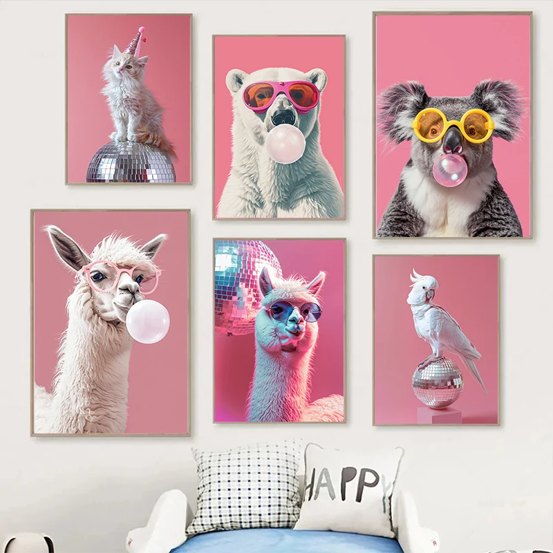 Funny Cute Animal Bubble Party Disco Pink Posters Kitten Llama Koala Prints Canvas Printing Wall Art Picture for Room Home Decor