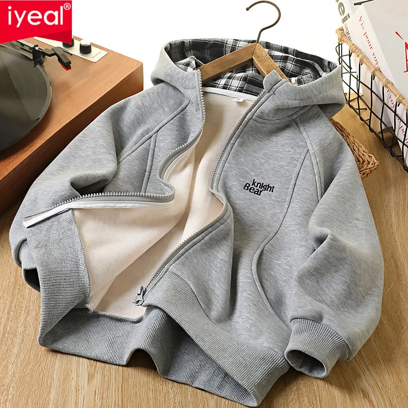 IYEAL Autumn/Winter New Children's Korean Hooded Zipper Jacket Teenage Boy Loose Cardigan Boys' Warm Fleece Jacket